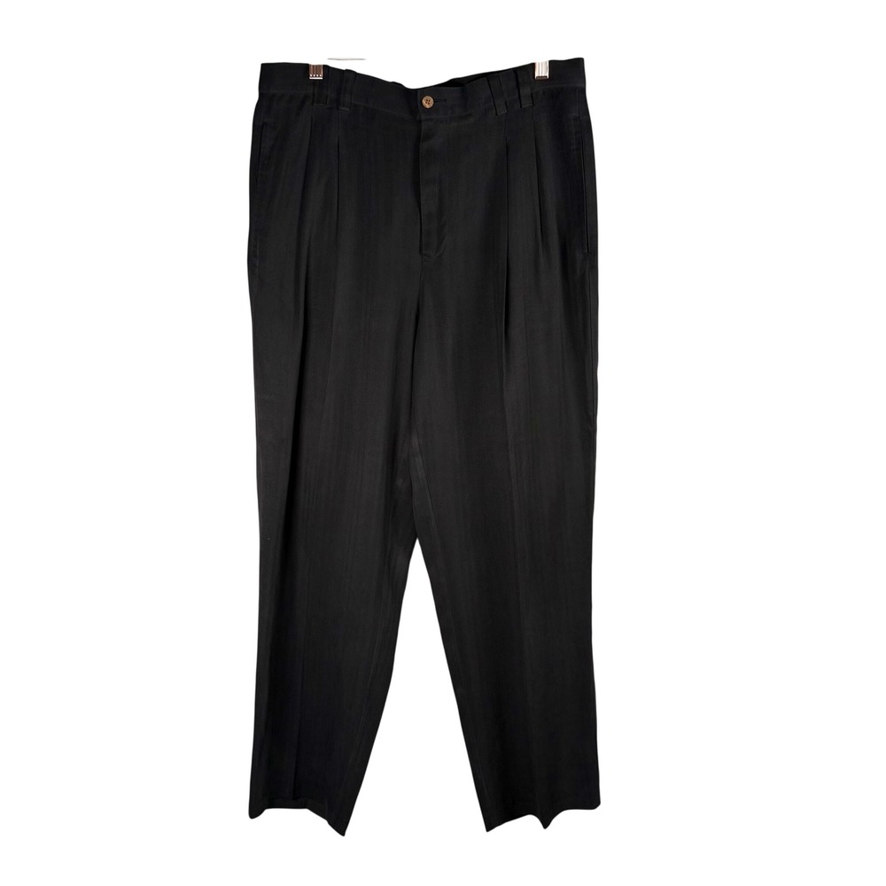 Caribbean Mens 34x30 W33 Black Silk Herringbone Pleated Relaxed Fit Dress Pants